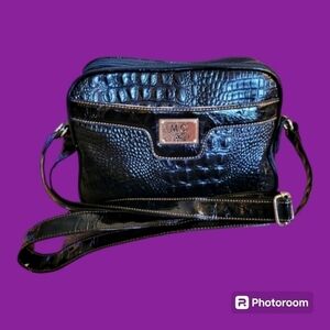 Vtg 1990s MC Black Faux Patent Alligator Leather Crossbody Camera Shoulder Bag